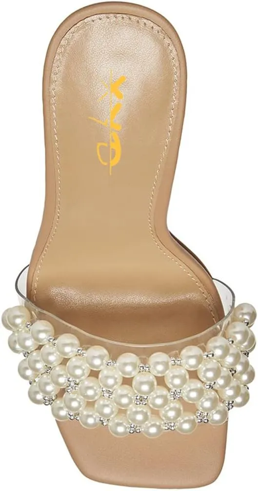 XYD Women's Open Square Toe PVC Strap with Pearl Studs Stilettos Mule Slides Slip On Backless Slippers Gorgeous Wedding Dressy Sandals