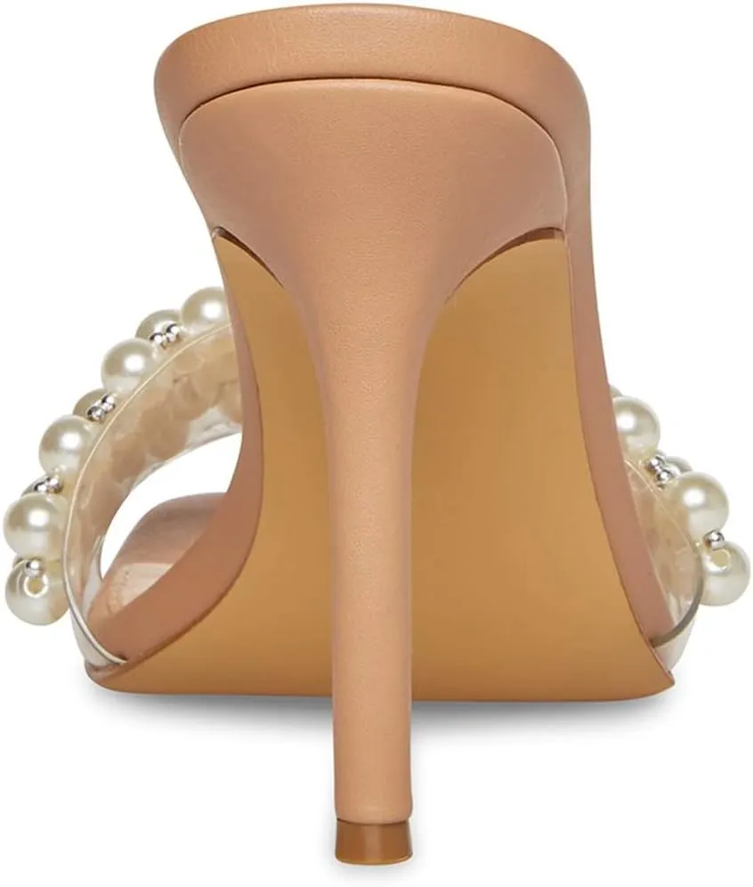 XYD Women's Open Square Toe PVC Strap with Pearl Studs Stilettos Mule Slides Slip On Backless Slippers Gorgeous Wedding Dressy Sandals