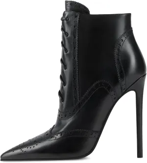 YDN Women Perforated Lace up Oxfords Ankle Booties Pointed Toe Stiletto High Heel Side Zipper Boots Fashion Vintage Short Boots Size 4-15 US