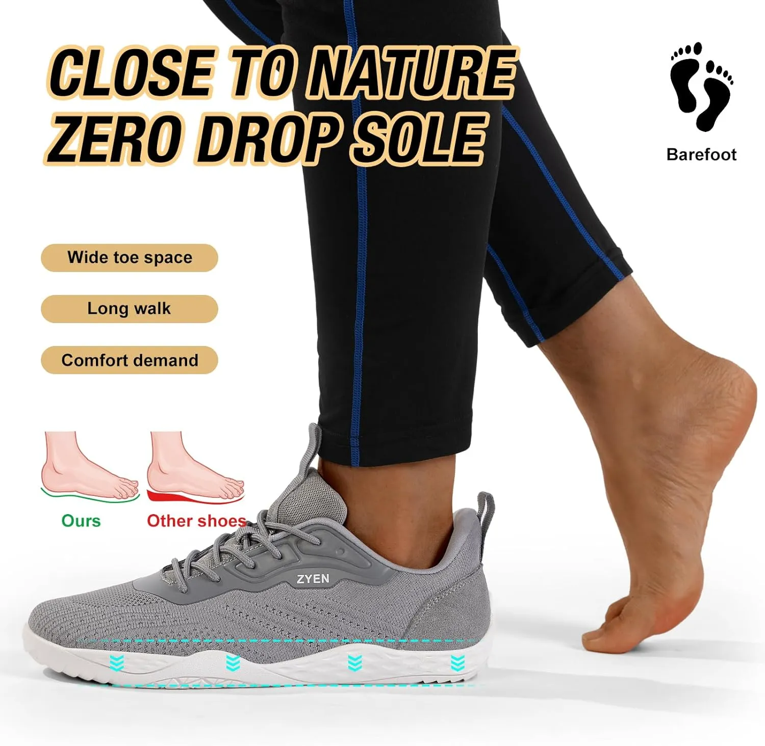 ZYEN Mens Barefoot Shoes Wide Toe Box Trail Running Sneakers Zero Drop Non-Slip Extra Wide Width Walking Shoes Minimalist Wrestling Sneakers Gym Trainer 6.5-13