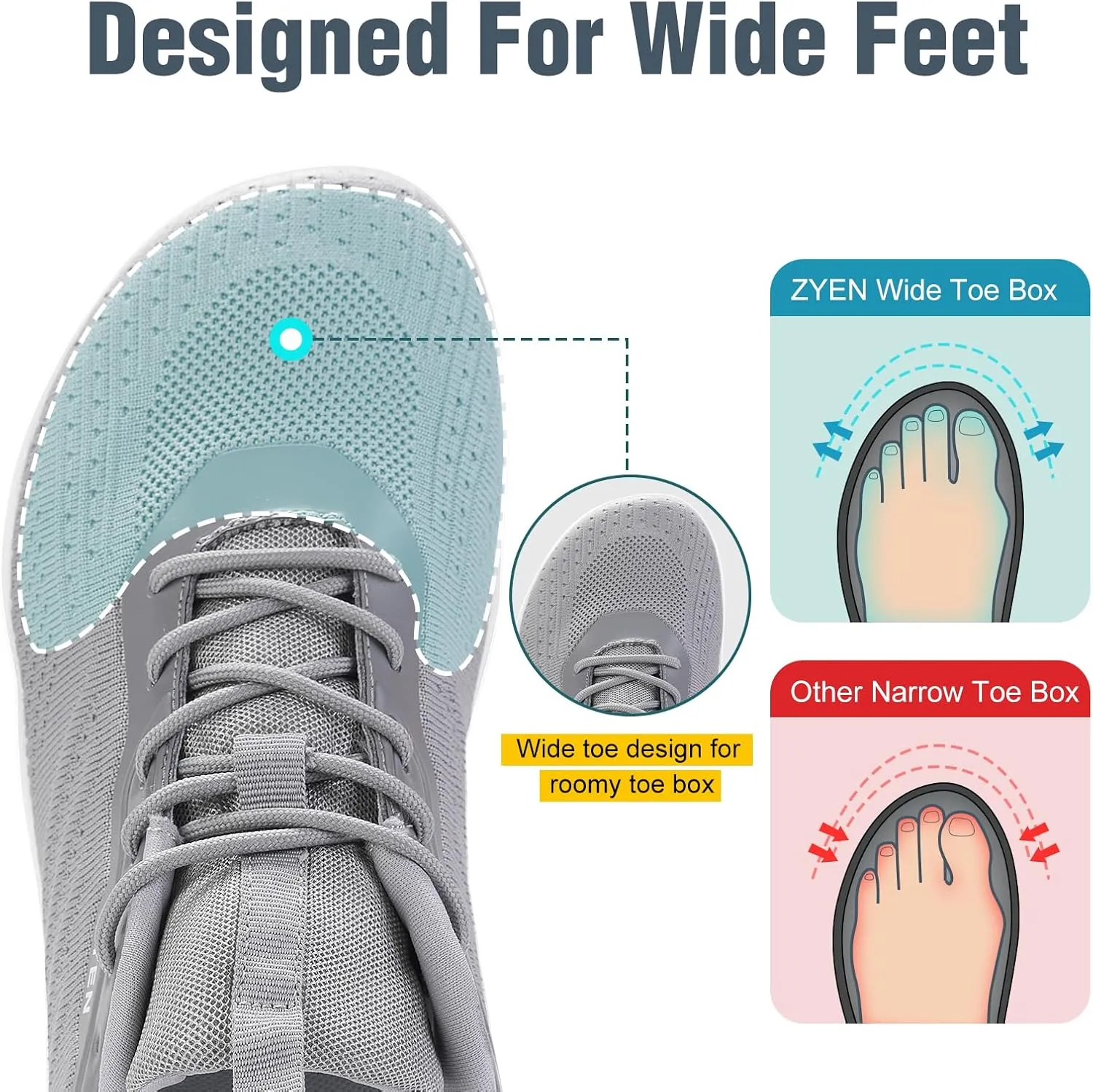 ZYEN Mens Barefoot Shoes Wide Toe Box Trail Running Sneakers Zero Drop Non-Slip Extra Wide Width Walking Shoes Minimalist Wrestling Sneakers Gym Trainer 6.5-13